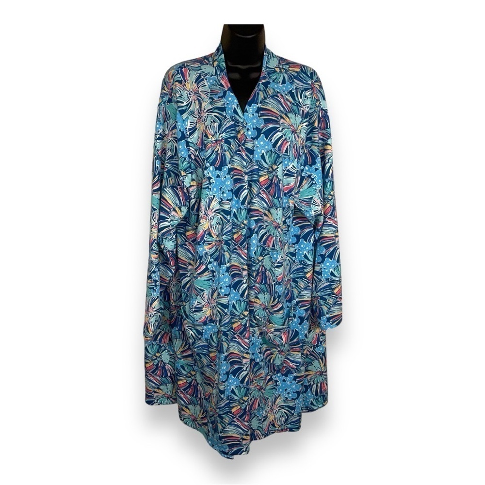 3XL XXXL BLUE ABSTRACT FLORAL SHRUG TOP BLOUSE OPEN FRONT COLORFUL LONG SLEEVE